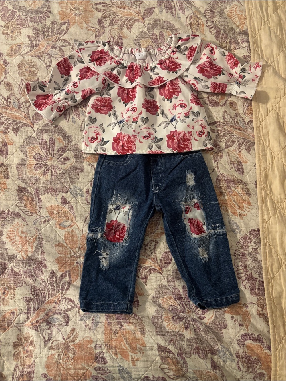 Girls Floral Ruffle Top and Distressed Denim Patch Jeans - Pink & Blue